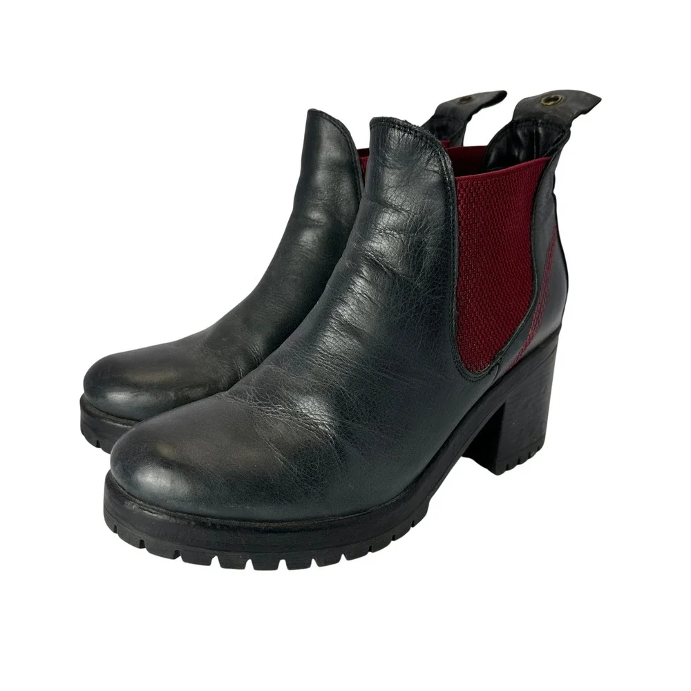Bueno Footwear Florida Boot Womens Black Leather Red accent Chunky Heel Boots 40
